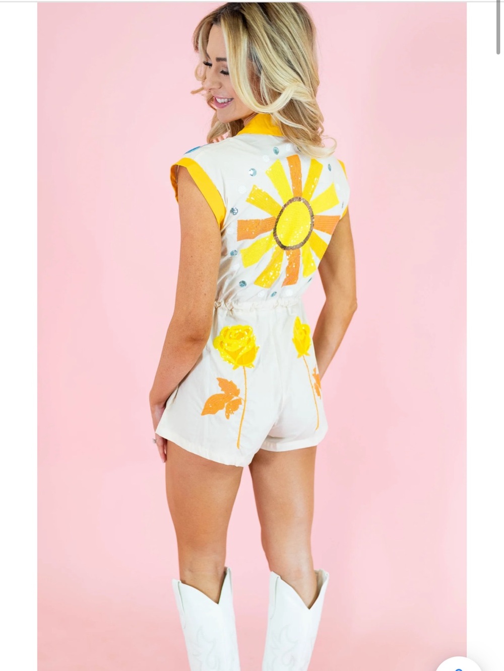 QUEEN OF SPARKLES Tan/Nude Romper with Yellow Trim & sequin Western accents! - Picture 2 of 5